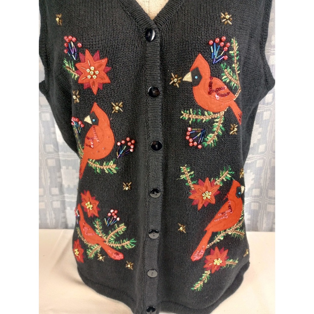 KIM ROGERS CARDINAL CHRISTMAS VEST WOMENS LARGE EMBROIDERED AND BEADED SLEEVELES - Picture 4 of 11